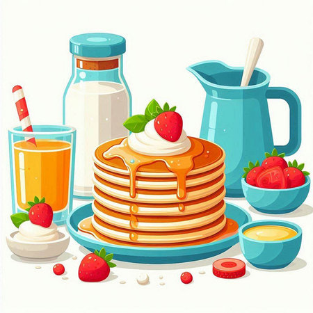 Pancakes with strawberries, honey and milk. Vector illustration.のイラスト素材