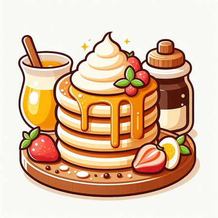 Pancakes with honey, strawberries and cream. Vector illustration.のイラスト素材