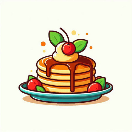 Illustration of a stack of pancakes with cherry on a plate.のイラスト素材