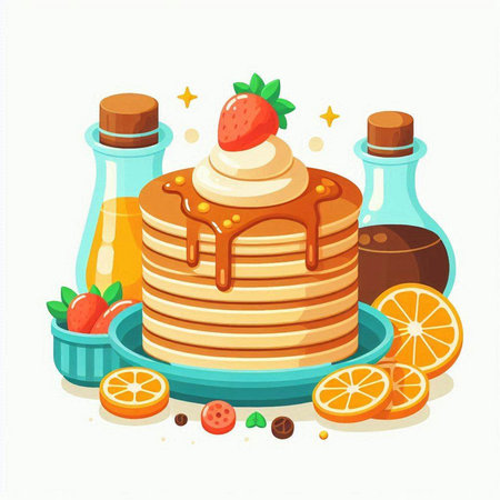 Vector illustration of a stack of pancakes with cream, strawberries and orangesのイラスト素材