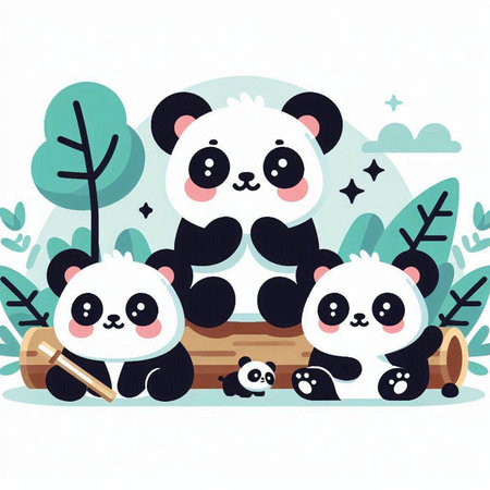 Cute cartoon panda family in the forest. Vector illustration.のイラスト素材