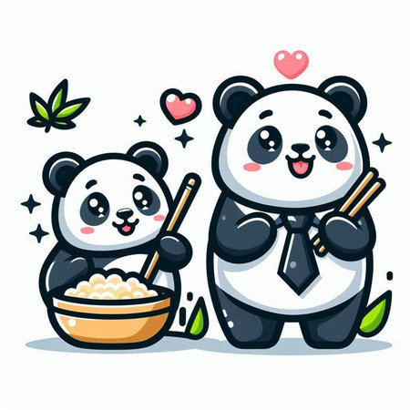 Cute panda couple in love holding bowl with rice. Vector illustration.のイラスト素材