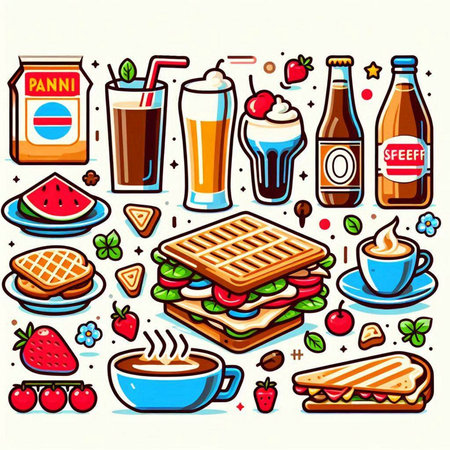 Illustration of a set of different food and drinks on a white backgroundのイラスト素材