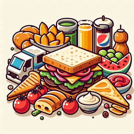 Vector illustration of fast food background with sandwich, canape, ice cream, juice and other snacks.のイラスト素材
