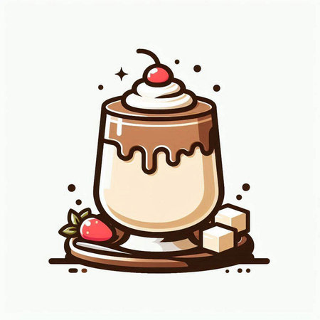 Cup of coffee with whipped cream, strawberry and sugar cubes. Vector illustration.のイラスト素材