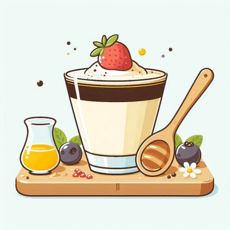 Vector illustration of a tiramisu in a glass and a wooden spoonのイラスト素材