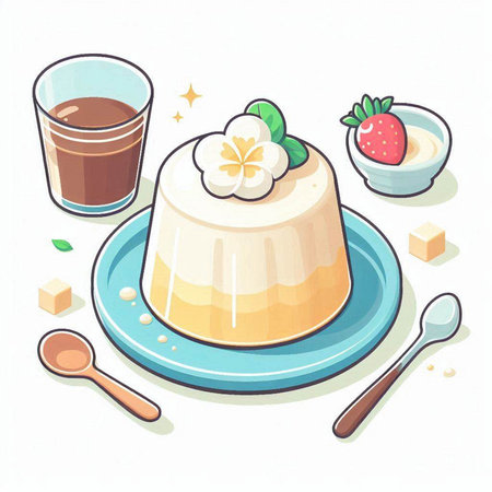 Illustration of Panna cotta with strawberry on white background.のイラスト素材