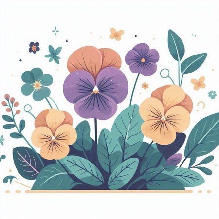 Flower background with pansy flowers and butterflies. Vector illustration.のイラスト素材