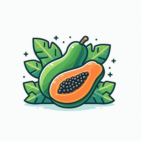 Papaya fruit with leaves. Vector illustration in cartoon style.のイラスト素材