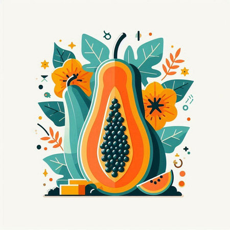 Papaya fruit vector illustration in flat style. Exotic tropical fruit with leaves.のイラスト素材