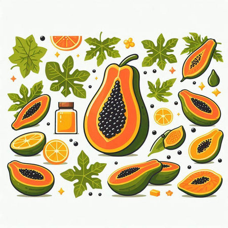 Papaya fruit vector illustration. Hand drawn papaya fruit with leaves.のイラスト素材