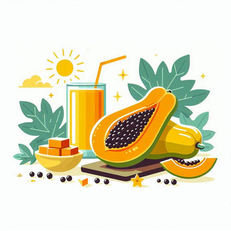 Papaya fruit and smoothie. Vector illustration in flat styleのイラスト素材