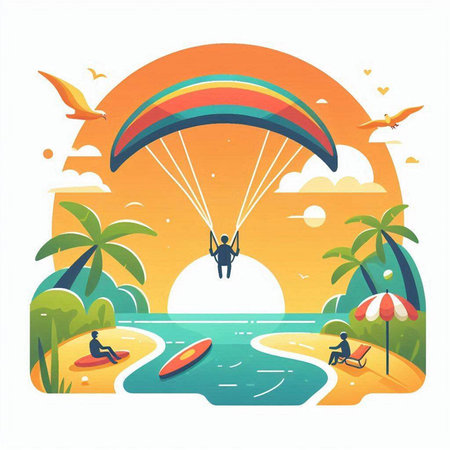 Paraglider on the beach. Vector illustration in flat styleのイラスト素材