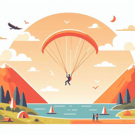 Paraglider flying over the sea. Vector illustration in flat styleのイラスト素材