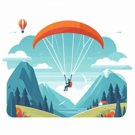 Paraglider flying over the mountains. Flat style vector illustration.のイラスト素材