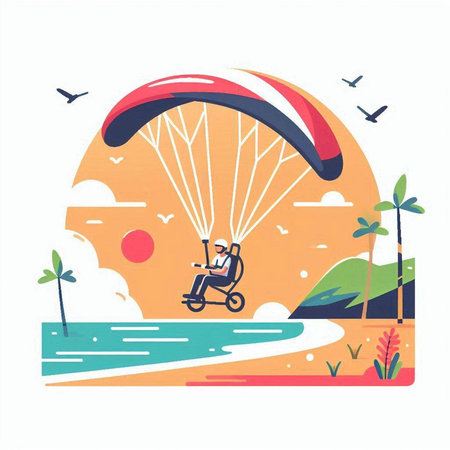 Paraglider flying in the sky on the beach, vector illustrationのイラスト素材