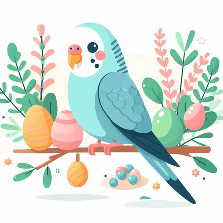 Vector illustration of cute parrot sitting on a branch with Easter eggs.のイラスト素材
