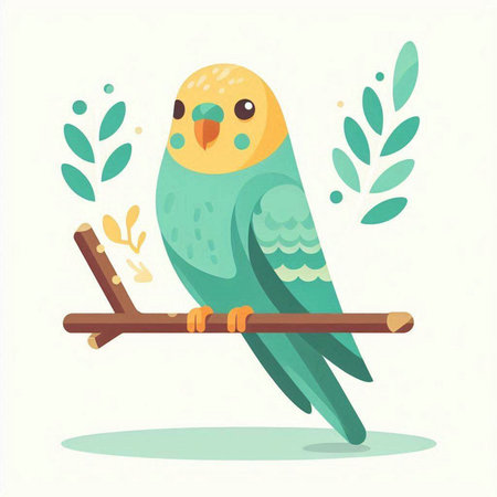 Cute green parrot sitting on a wooden branch. Vector illustration.のイラスト素材