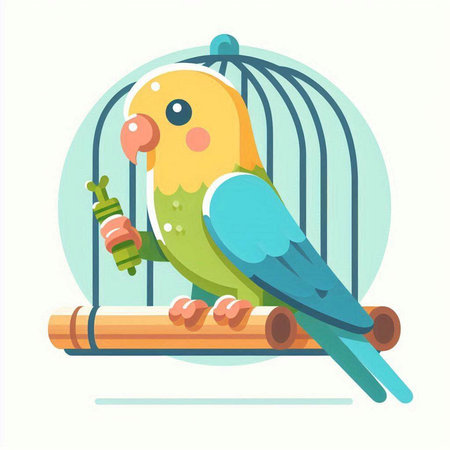 Cute parrot in a cage. Vector illustration in flat styleのイラスト素材