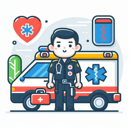 Vector illustration of a doctor in uniform and ambulance car on white background.のイラスト素材