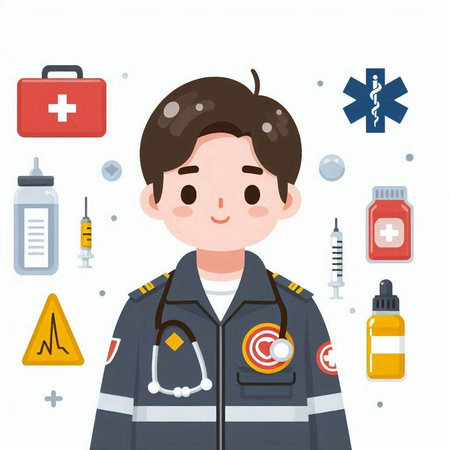 Vector illustration of a male doctor in uniform with medical icons around.のイラスト素材