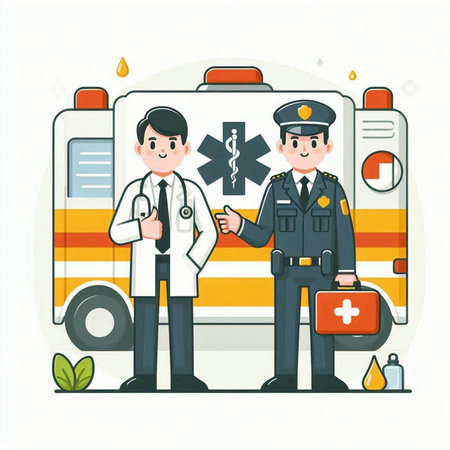 Ambulance and doctor with first aid kit. Vector illustration.のイラスト素材