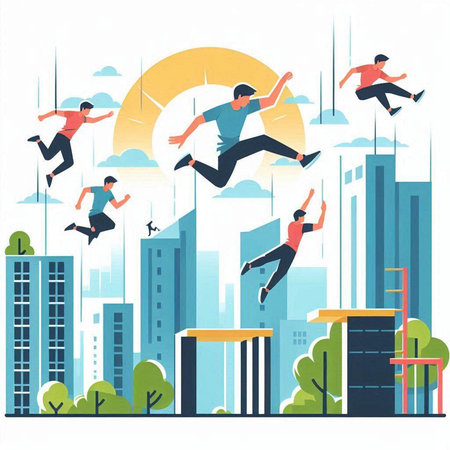 Vector illustration of a group of people jumping in the city. Flat style design.のイラスト素材