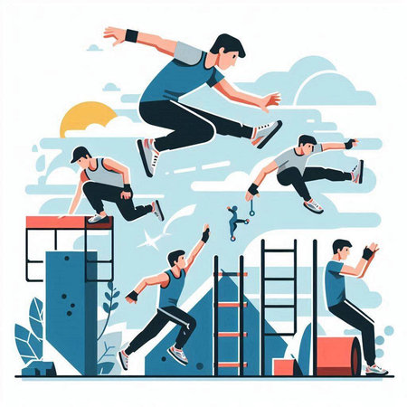 Fitness and healthy lifestyle concept vector illustration. Men and women running and jumping on the stairs.のイラスト素材