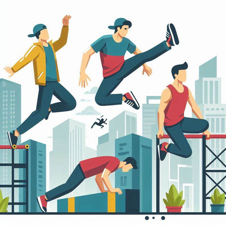 Vector illustration of a group of people jumping over obstacles in the cityのイラスト素材