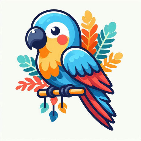 Cute parrot on a branch with leaves. Vector illustration.のイラスト素材
