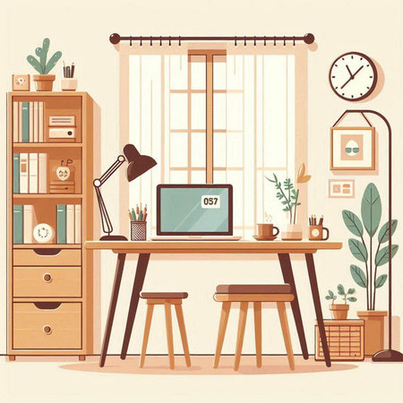 Home office interior. Workplace with computer, desk, chair, bookshelf, plants and window. Vector illustrationのイラスト素材