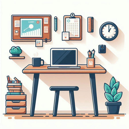 Workplace with computer and stationery. Flat style vector illustration.のイラスト素材