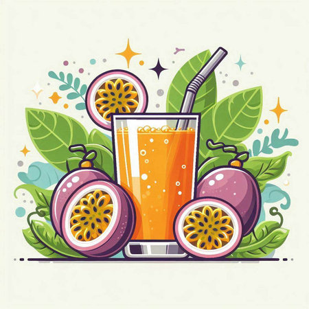 Passion fruit juice in a glass with leaves and fruits. Vector illustration.のイラスト素材