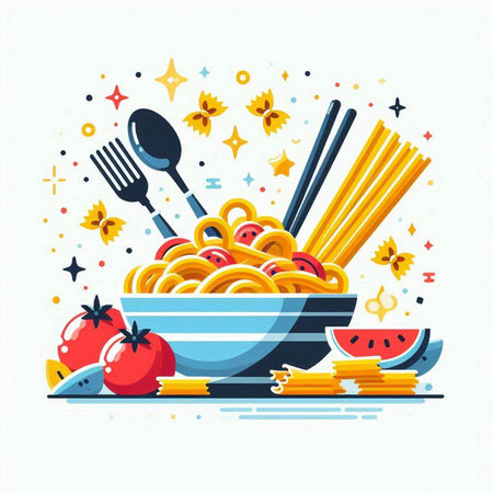Vector illustration of a bowl with spaghetti, tomatoes and cutlery.のイラスト素材