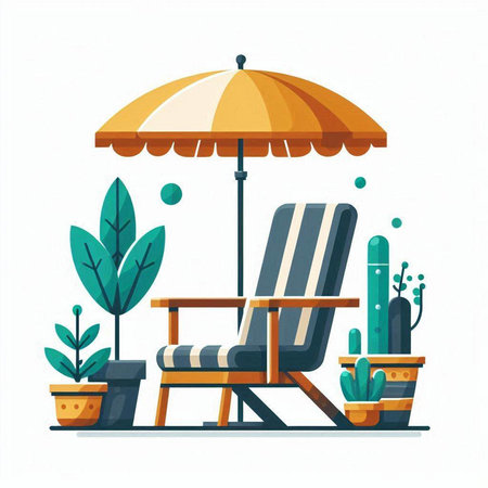 Beach chair with umbrella. Vector illustration in flat cartoon style.のイラスト素材