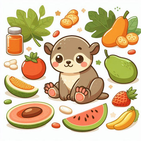 Cute bear with fruits and vegetables. Vector illustration in cartoon style.のイラスト素材