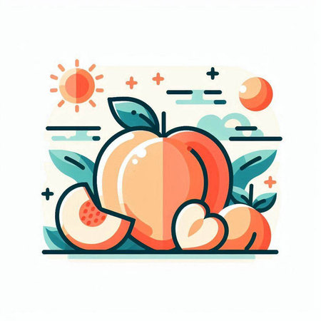 Peach flat color vector icon. Juicy fruit with leaves.のイラスト素材