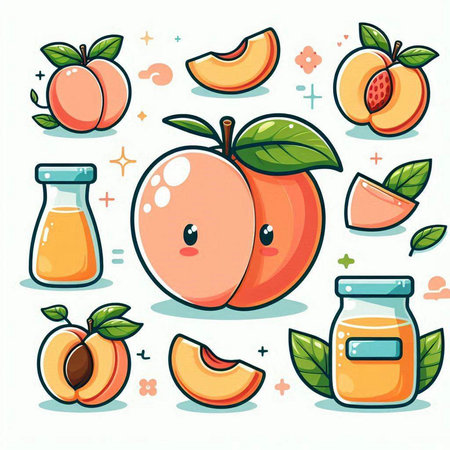 Peach fruit icons set. Cartoon illustration of peach fruit vector icons for web designのイラスト素材