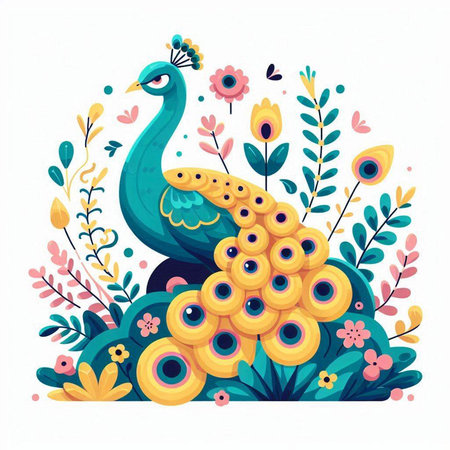 Peacock with flowers and leaves. Vector illustration in cartoon style.のイラスト素材