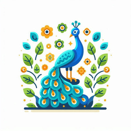 Peacock with flowers on a white background. Vector illustration.のイラスト素材