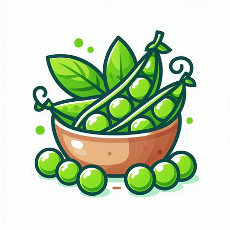 Green peas in a bowl with green leaves. Vector illustration isolated on white background.のイラスト素材