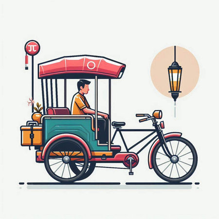 Vector illustration of a man riding a tuk tuk on a street.のイラスト素材