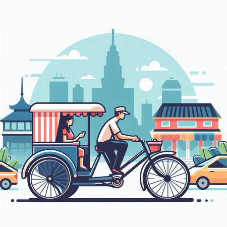 Vector illustration of a man riding a tricycle in the city.のイラスト素材
