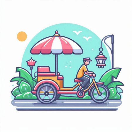 Man riding a tricycle on the street. Vector illustration in flat styleのイラスト素材