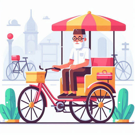 Vector illustration of a man riding a tricycle in the city.のイラスト素材