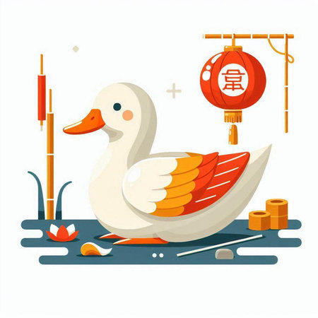 Duck and lantern on the lake. Vector illustration in flat styleのイラスト素材