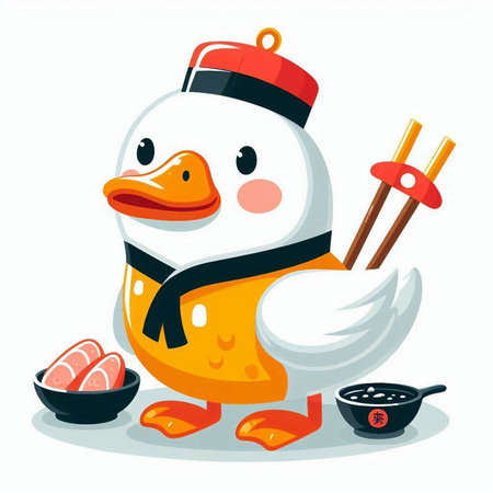 Cute cartoon duck with chopsticks and sushi. Vector illustration.のイラスト素材