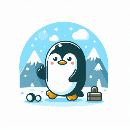 Cute penguin with a suitcase in the mountains. Vector illustration.のイラスト素材