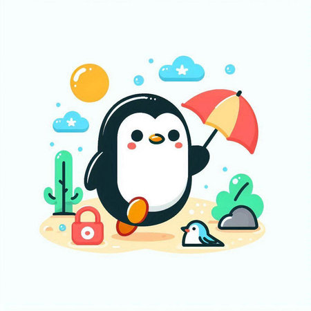 Cute penguin with an umbrella on the beach. Vector illustration.のイラスト素材