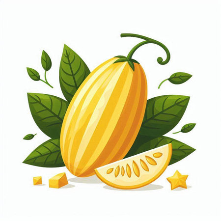 Illustration of yellow melon with leaves and star on white backgroundのイラスト素材